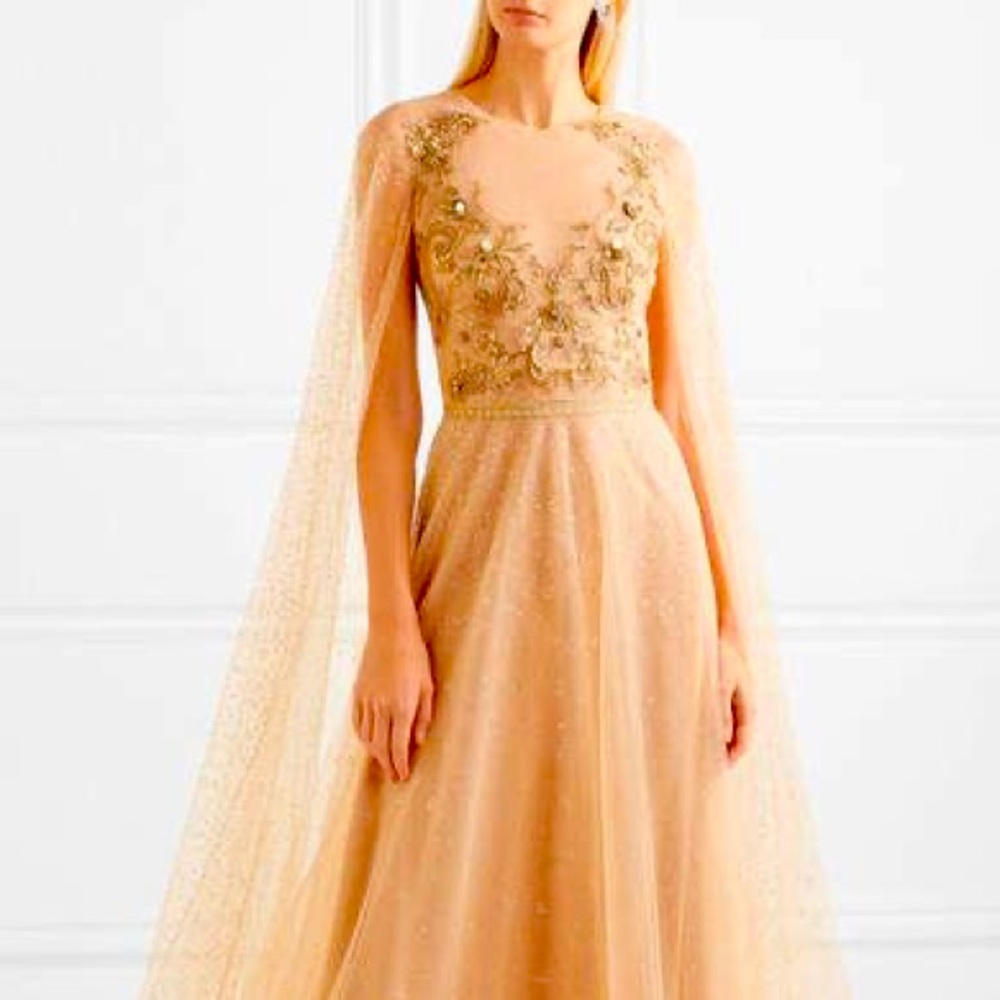 Marchesa Notte Embellished Glittered Tulle Gown-Blush Sz 16